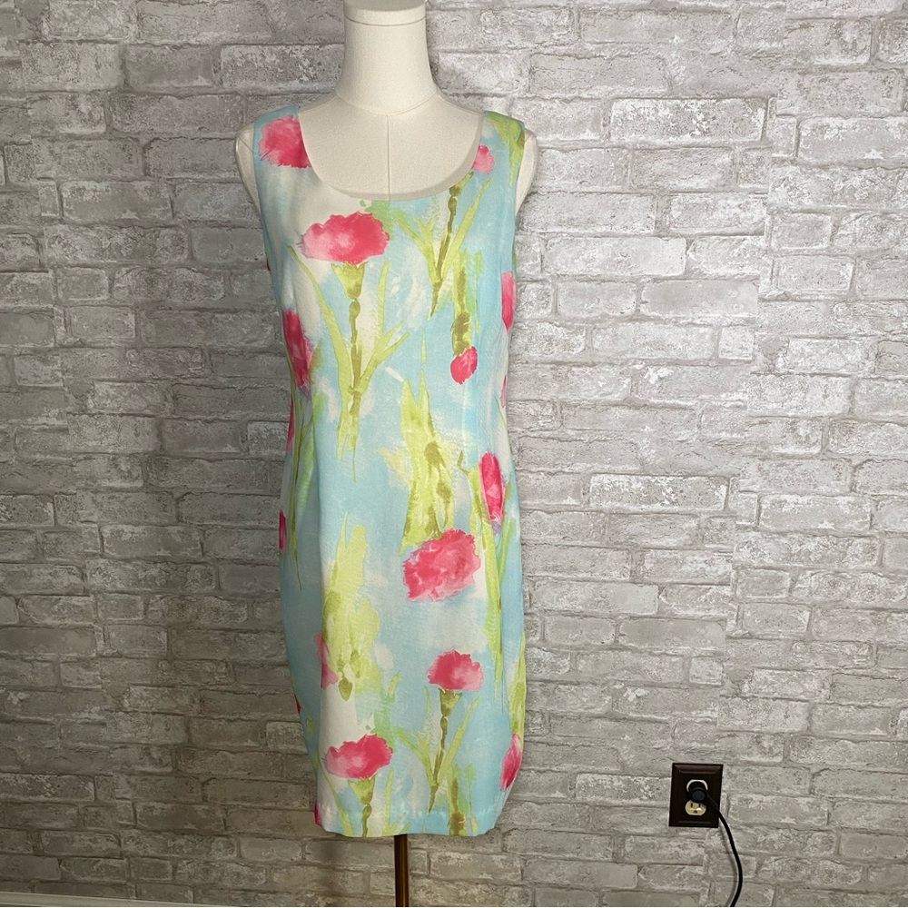 Sleeveless Floral Shift Dress in Aqua with Pink Blooms size 8 semi sheer